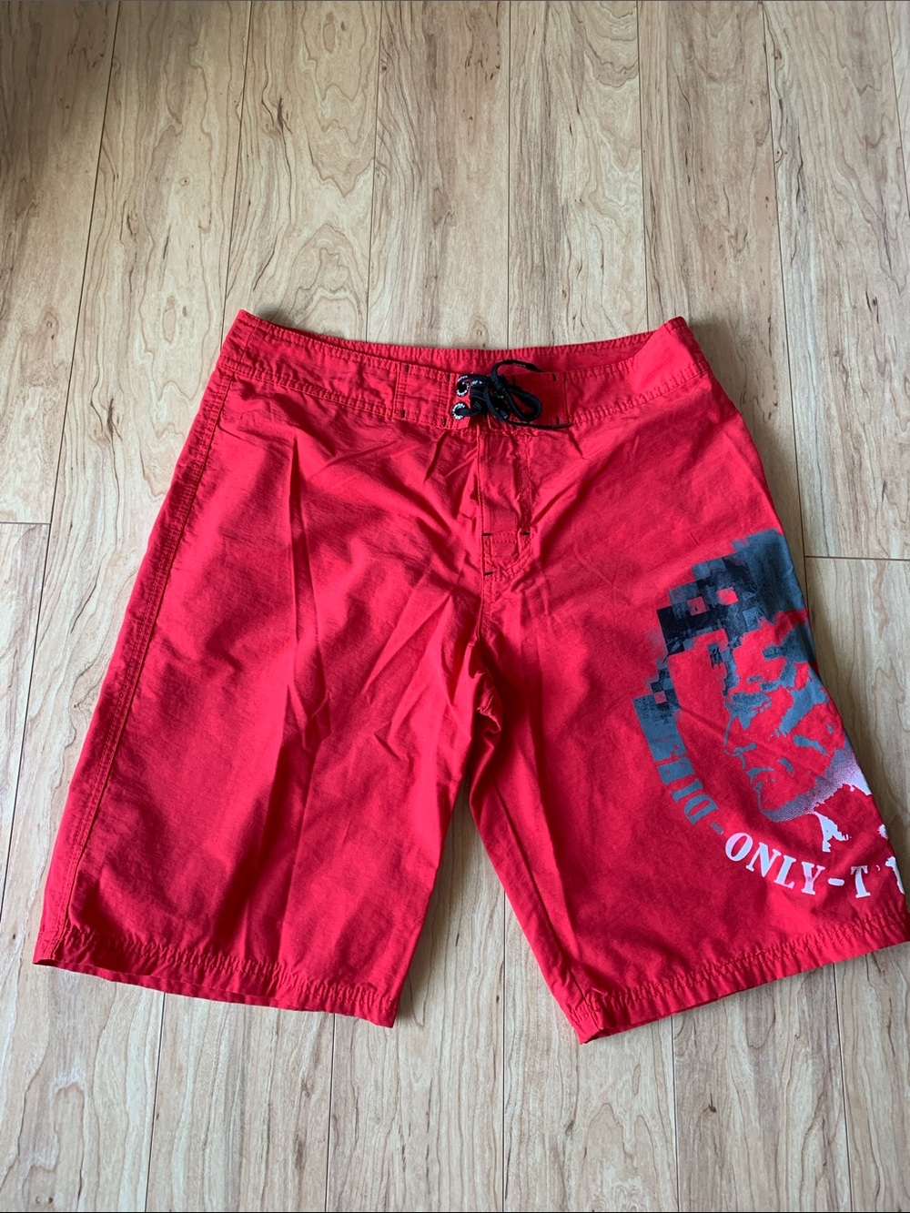 Diesel Red Swim Board Shorts with Black and White Graphic